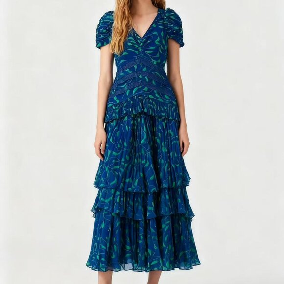 NWOT Self Portrait Blue Crescent Chiffon Midi Dress Cut Out Back Ruffle Size 6 - Picture 1 of 13